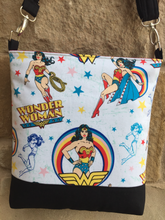 Load image into Gallery viewer, Messenger Bag Made With Licensed Superheroine Fabric - Adjustable Strap - Zippered Closure - Zippered Pocket - Cross Body Bag
