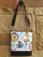 Load image into Gallery viewer, Messenger Bag Made With Licensed Superheroine Fabric - Adjustable Strap - Zippered Closure - Zippered Pocket - Cross Body Bag