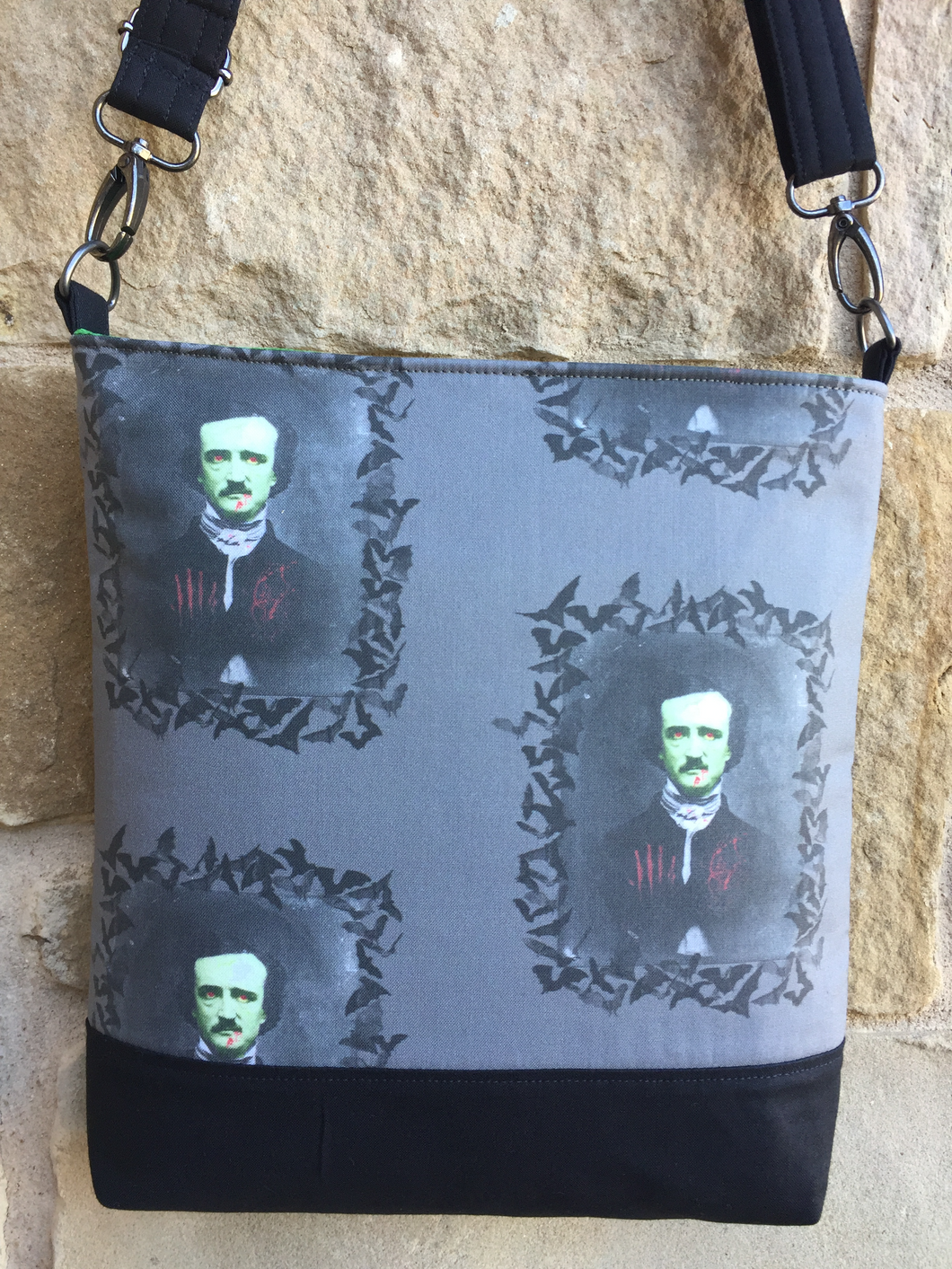 Messenger Bag Made With Zombie Poe Inspired Fabric -  Adjustable Strap - Zippered Closure - Zippered Pocket - Cross Body Bag