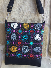 Load image into Gallery viewer, Messenger Bag Made With Licensed Sugar Skull Stars Fabric - Adjustable Strap - Zippered Closure - Zippered Pocket - Cross Body Bag