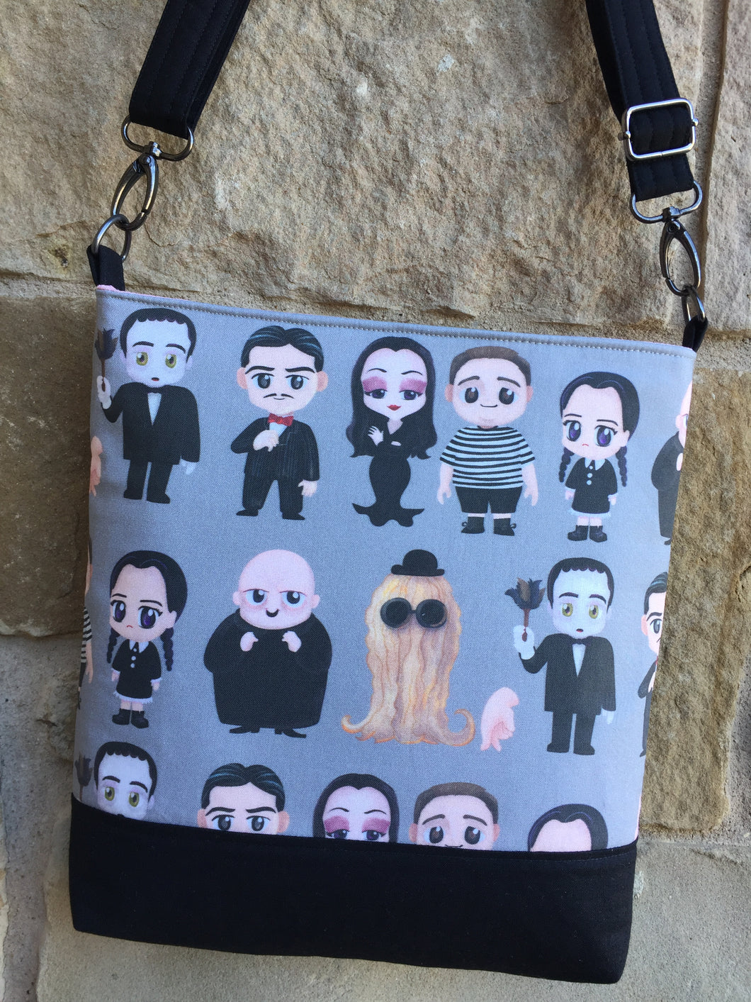 Messenger Bag Made With Kooky Horror Family Inspired Fabric - Adjustable Strap - Zippered Closure - Zippered Pocket - Cross Body Bag