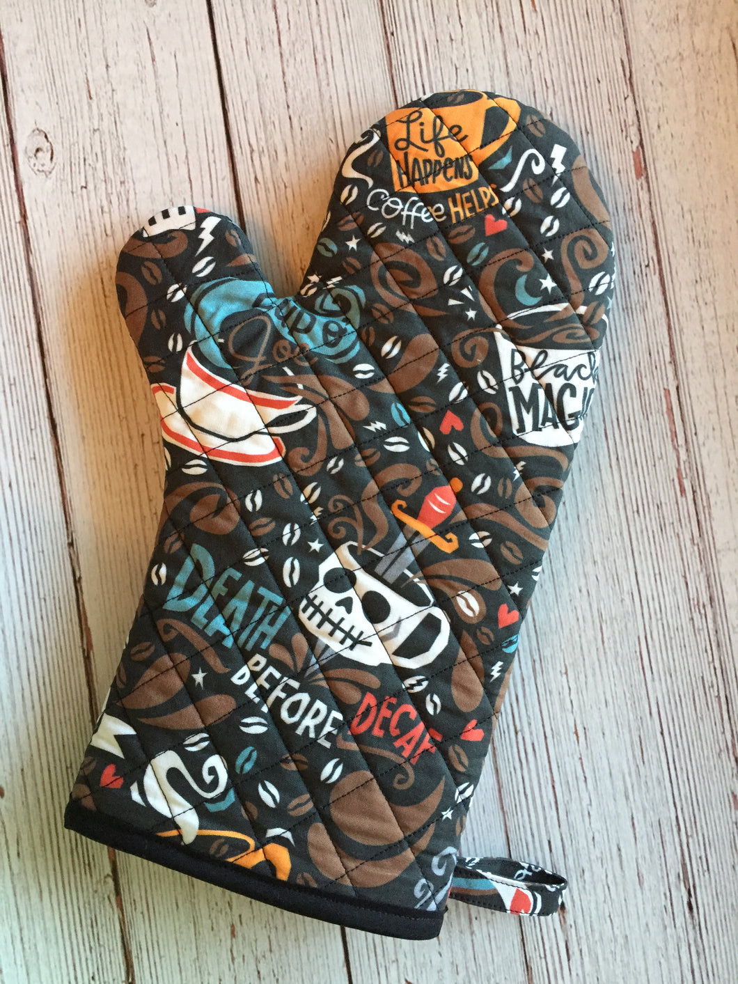 Oven Mitt - One Oven Mitt Made With Coffee Inspired Fabric - Death Before Decaf - Cup O' Joe - Espresso Yourself