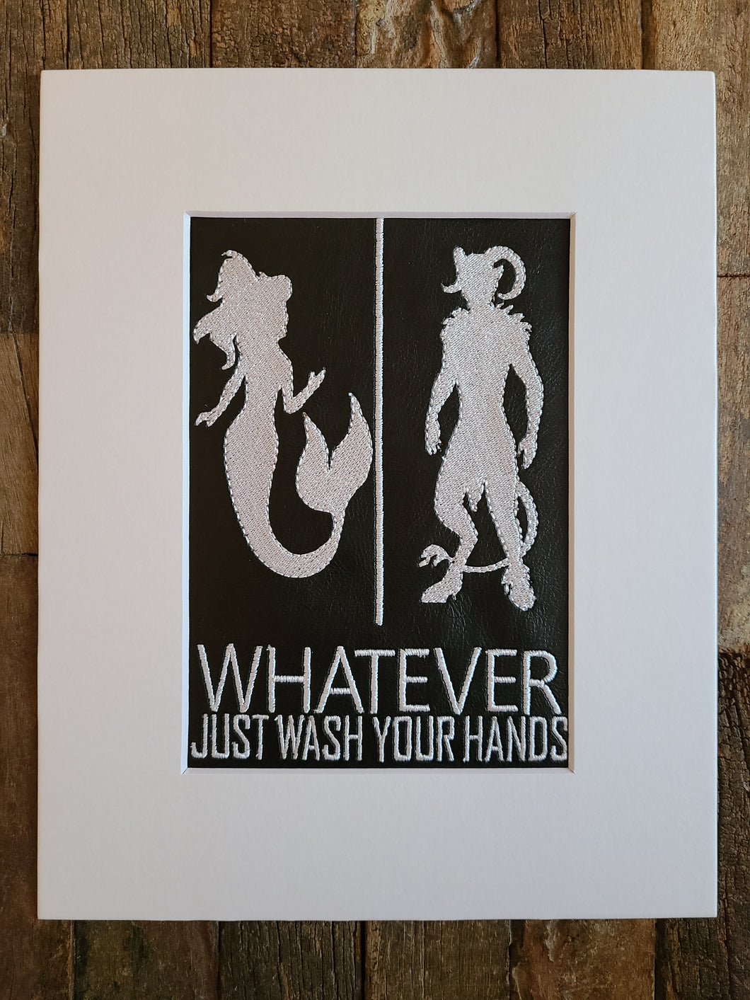 Embroidered Wall Hanging - Geeky Embroidery - Whatever, Just Wash Your Hands - Mermaid And Satyr - Black And White - Bathroom Decor