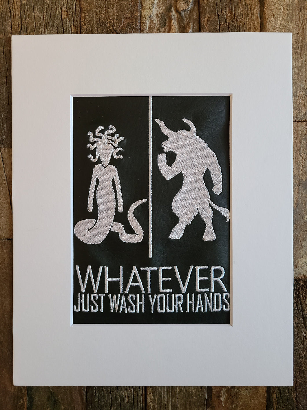 Embroidered Wall Hanging - Geeky Embroidery - Whatever, Just Wash Your Hands - Medusa And Minotaur - Black And White - Bathroom Decor