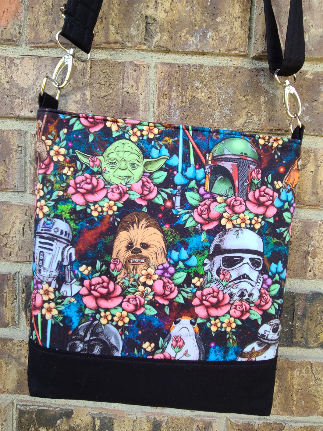 Messenger Bag Made With Stars And Flowers Inspired Fabric - Adjustable Strap - Zippered Closure - Zippered Pocket - Cross Body Bag