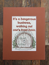 Load image into Gallery viewer, Embroidered Wall Hanging - Halfling Front Door - It&#39;s A Dangerous Business, Walking Out One&#39;s Front Door - Geeky Embroidery
