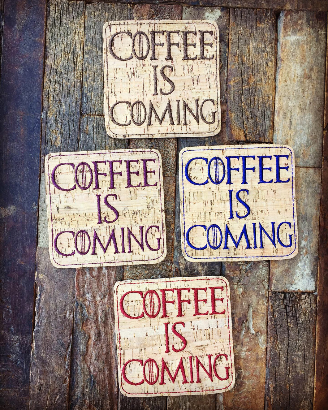 Coffee Is Coming Cork Drink Coasters - Set Of Four