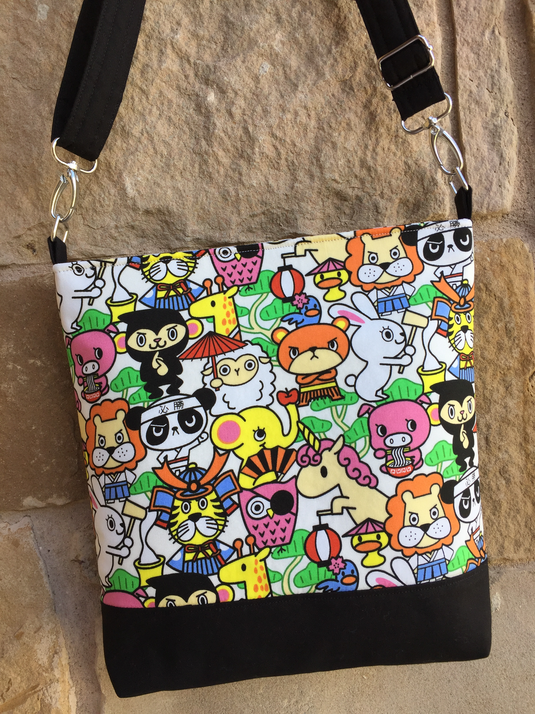 Messenger Bag Made With Kawaii Animals Inspired Fabric - Adjustable Strap - Zippered Closure - Zippered Pocket - Cross Body Bag