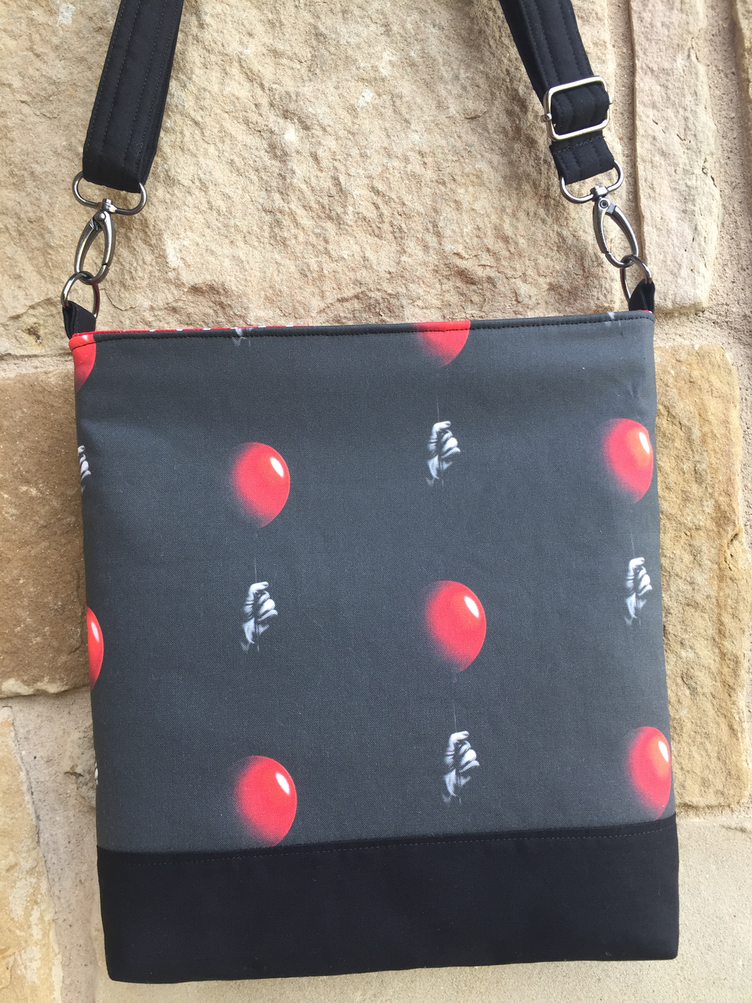 Messenger Bag Made With An Evil Clowns Hand With A Balloon Inspired Fabric - Adjustable Strap - Zippered Closure - Zippered Pocket - Cross Body Bag