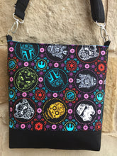 Load image into Gallery viewer, Messenger Bag Made With Licensed Sugar Skull Stars Fabric - Adjustable Strap - Zippered Closure - Zippered Pocket - Cross Body Bag
