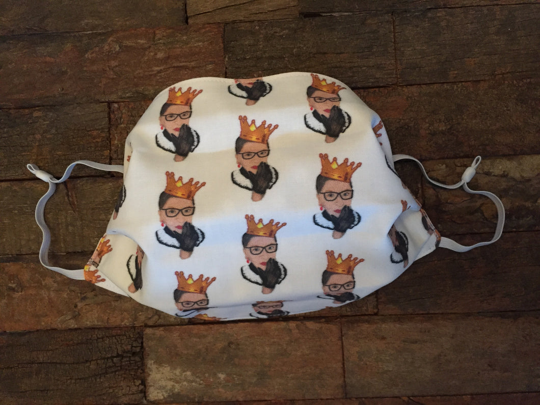 Face Masks - Face Mask Made With RBG Inspired Fabric - Face Coverings - Ruth Bader Ginsburg Inspired - White With Her Crown And Glove