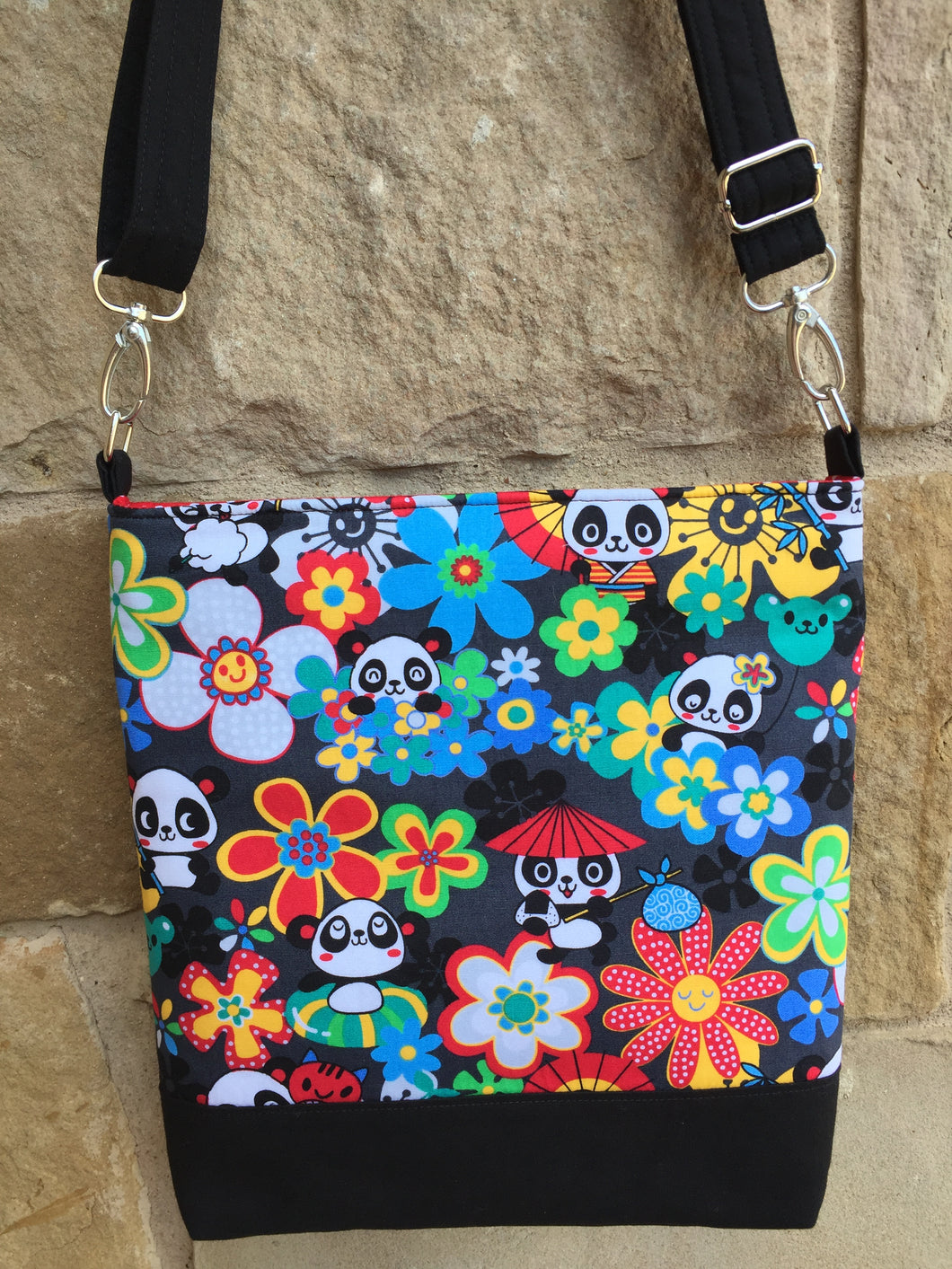 Messenger Bag Made With Asian Panda Bear Inspired Fabric - Adjustable Strap - Zippered Closure - Zippered Pocket - Cross Body Bag